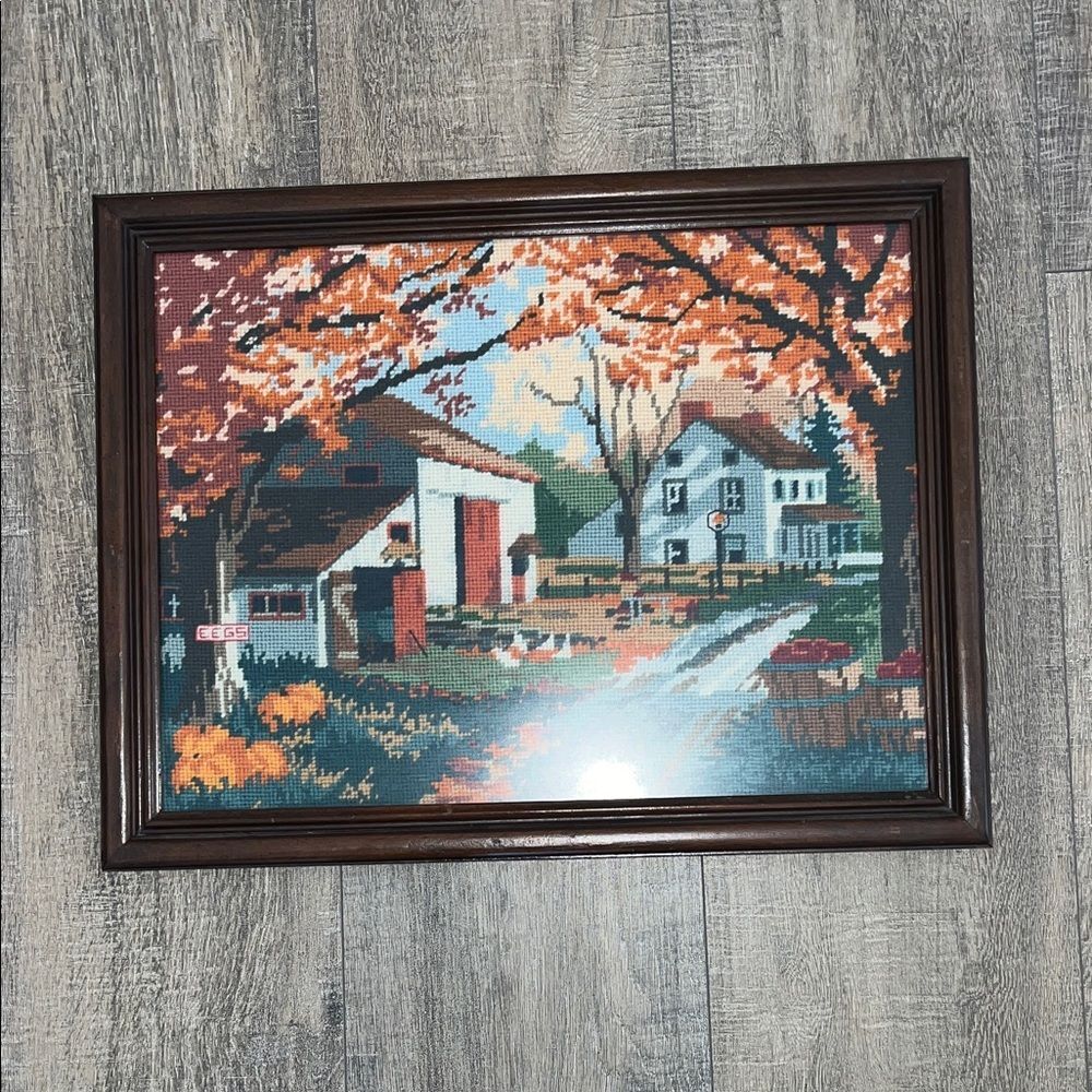 Autumn Landscape Needle Point  Art in Brown Frame 1988 Vintage